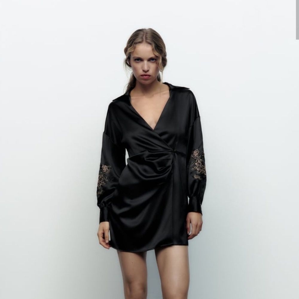 Zara Elegant Black Satin Dress with Long Embroidered Sleeves NWT
